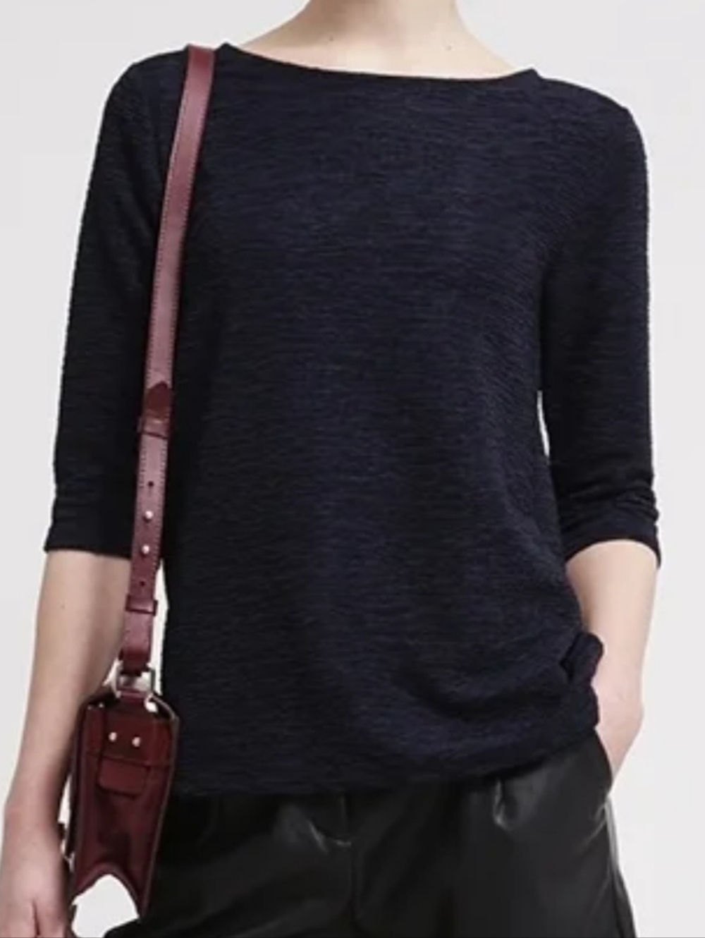Topshop Navy Boatneck Textured 3/4 Sleeve Blouse Top